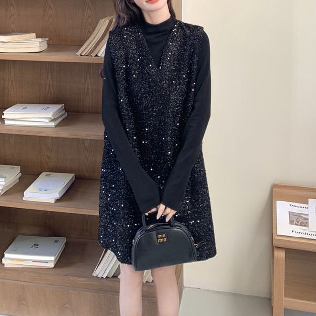 Vネック ミモレ丈 ノースリーブ ワンピース 00297