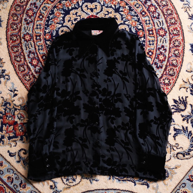 flower pattern switching design l/s velours see-through shirt