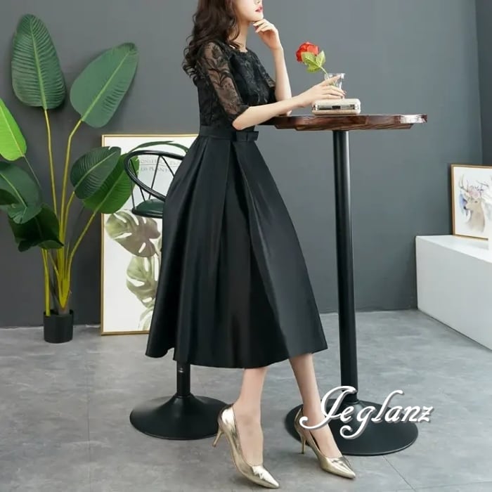 美ライン パーティ ドレス ワンピース 刺繍 レース 5分袖 2色 (MB284)ζ☆