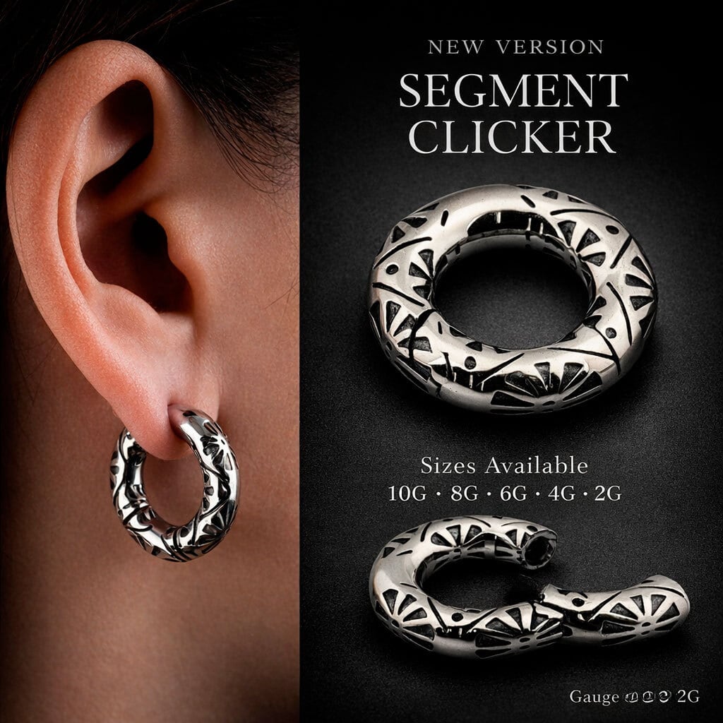 ボディピアス 7mm 0G 手で開閉可能 人気 デザイン彫り セグメント
