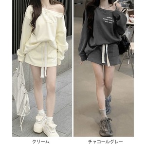 スウェット セットアップ レディース 春夏秋 韓国 上下2点セット 大人 カジュアル スポーツ ルームウェア 肩出し トレーナー ミニスカート インナーパンツ付き ゆったり 体型カバー 大人可愛い 大人女子