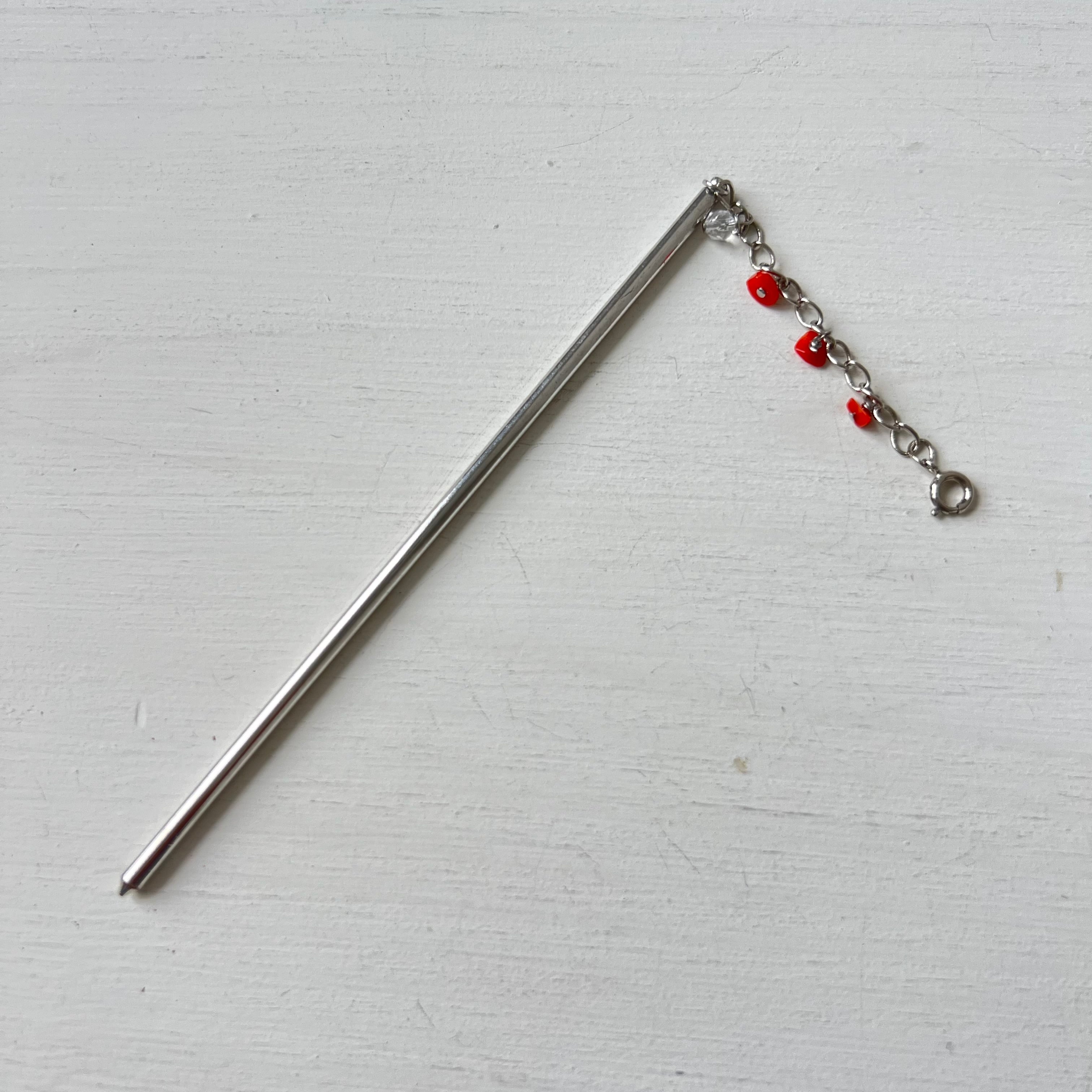 大人気！【便利アイテム】かんざし、根付け棒 天然石付！赤サンゴ