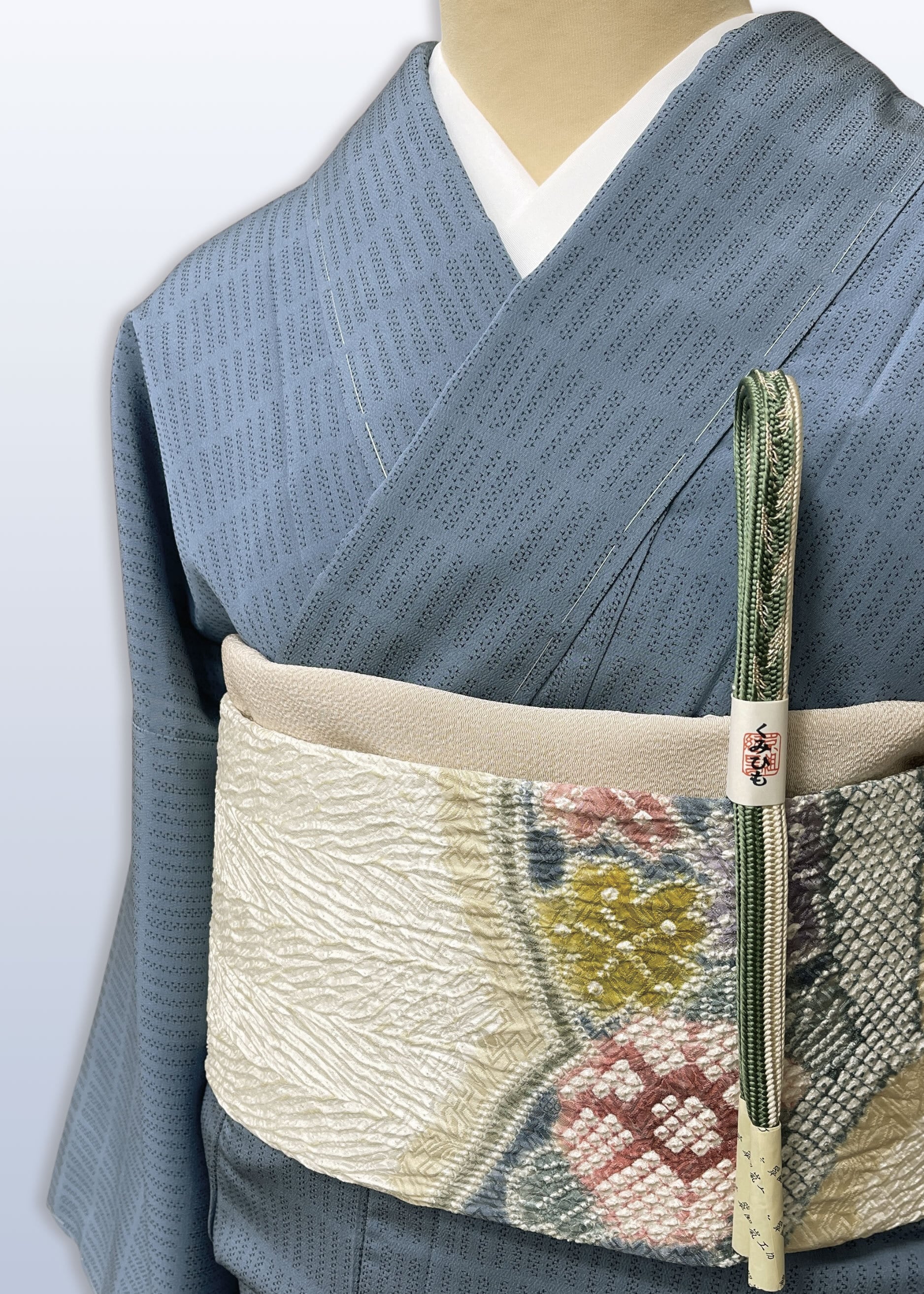 (袷) 舛花色ますはないろ変わり絣縞本藍お召し LUKHA−048(リユース品)