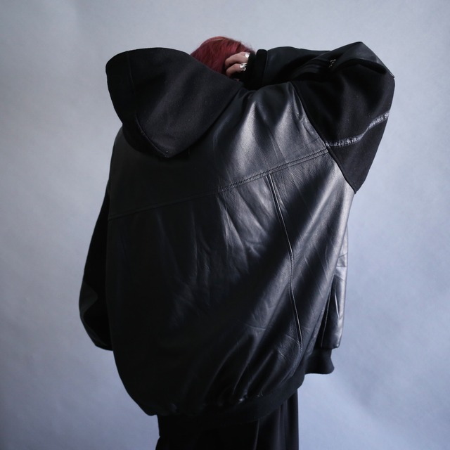 real leather switching sleeve taping and leather patch pocket design hoodie blouson