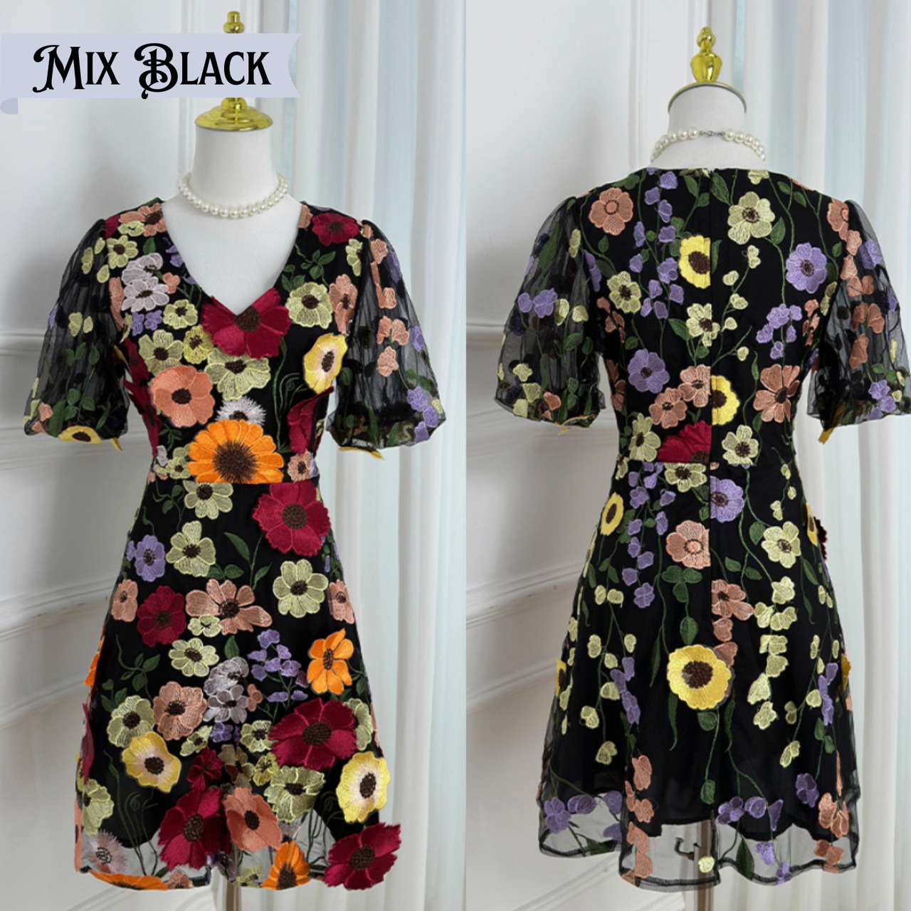 ブラッシュ・ペタル　フラワー刺繍五分袖ドレス　M25204