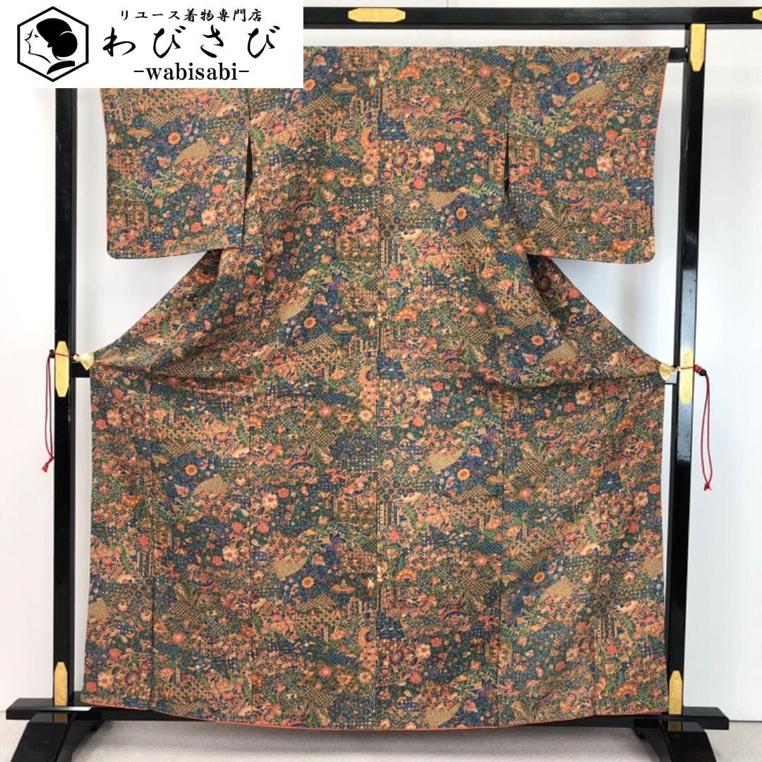 小紋 総絞り 椿の花模様 青袋鼠色 K-5428 着物 きもの kimono 和服