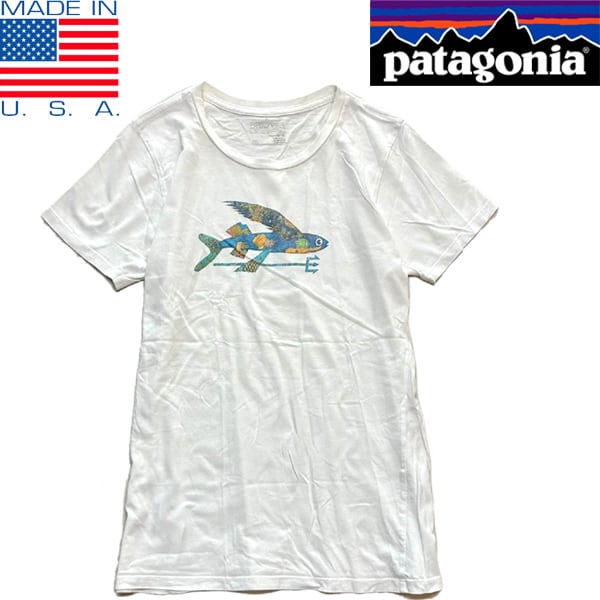 patagonia オーガニックコットン 半袖シャツ L 魚プリント 90s 1点物◇USA製パタゴニアPatagonia飛魚トビウオ白Tシャツ古着レディース