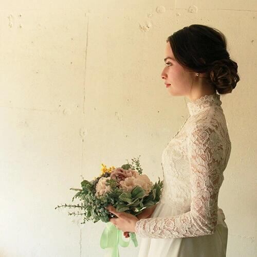 【美品】ウエディングボレロ総レースのハイネック  後ボタン長袖ウェディングボレロ＿【キャサリン】 美品】ウエディングボレロ総レースのハイネック 後ボタン長袖