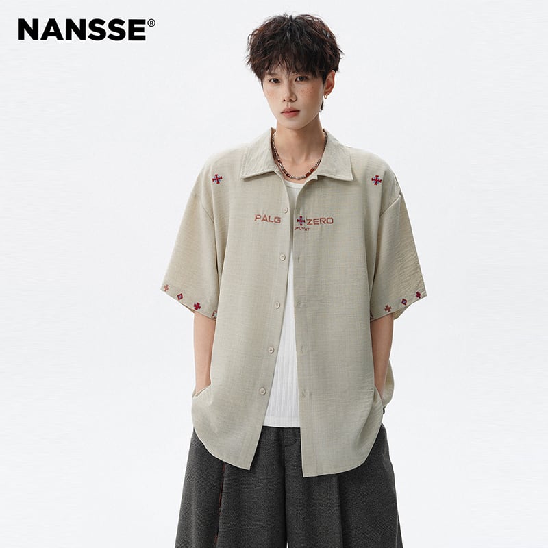 NANSSEシリーズ】☆シャツ☆ 刺繍 2color トップス 半袖シャツ 夏服