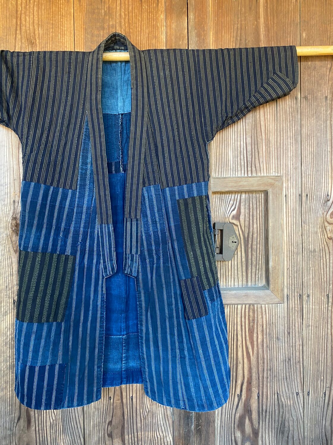 初売り AI-BRN-04 藍染x茶綿ボーダー柄 木綿布80cm幅* 