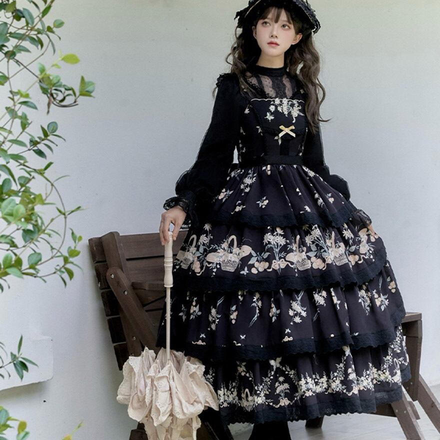 PUJI オリジナル ワンピース ジャンスカ ロングスカート 花柄 ゴスロリ
