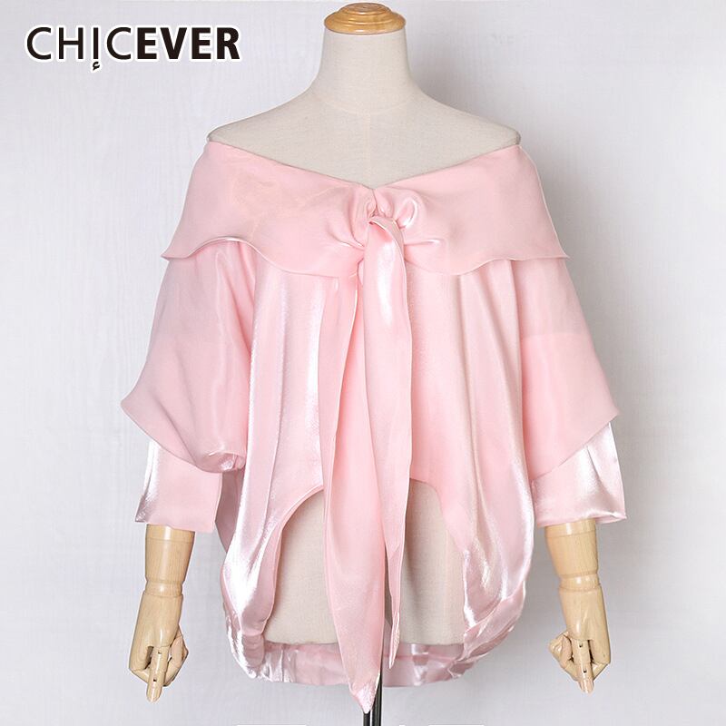 CHICEVERシャツ女性スラッシュカラーバットウィングスリークォータースリーブルーズセクシーブラウス2021秋の服 オータム 秋物 6base594843246970