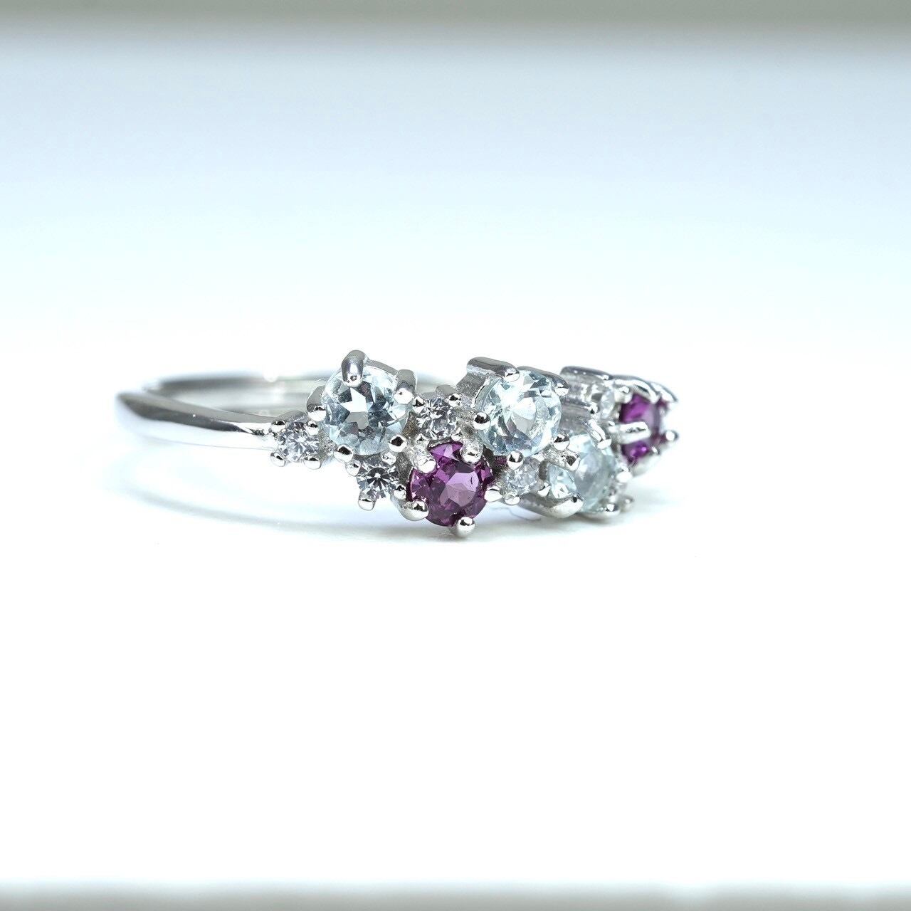 リースRing♦︎ロードライトガーネット・アクアマリン♦︎WGカラー《0025》