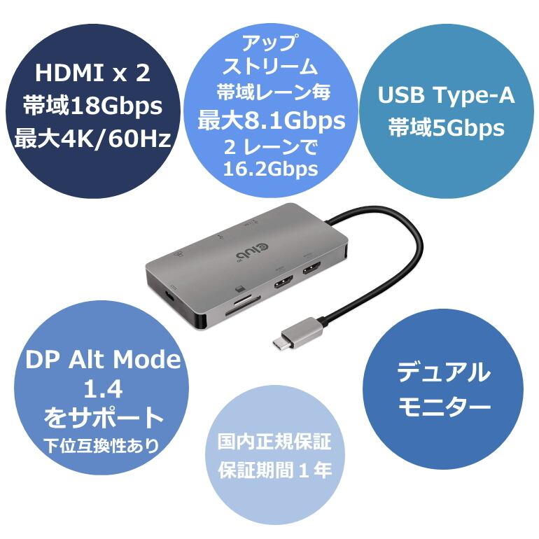 CSV-1593】Club 3D USB Type C 8-in-1 Hub to 2xHDMI 4K60Hz / 2x USB A / RJ45 /  SD Micro カードスロット / USB C PD3.0 100W (CSV-1593) | BearHouse
