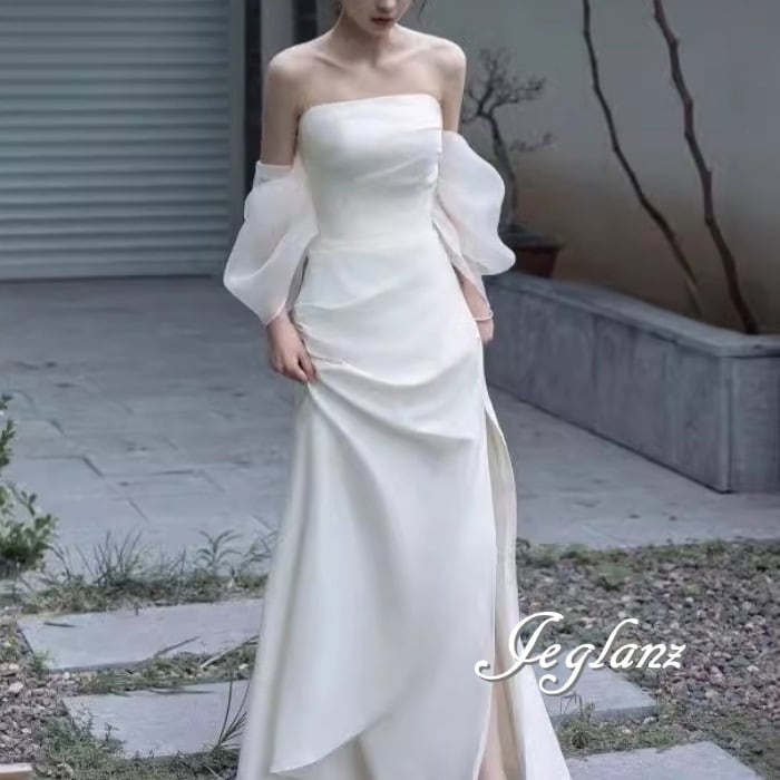 2色 ウエディングドレス スリット 異素材 チュール ミニマル シンプル派(M9817)ο