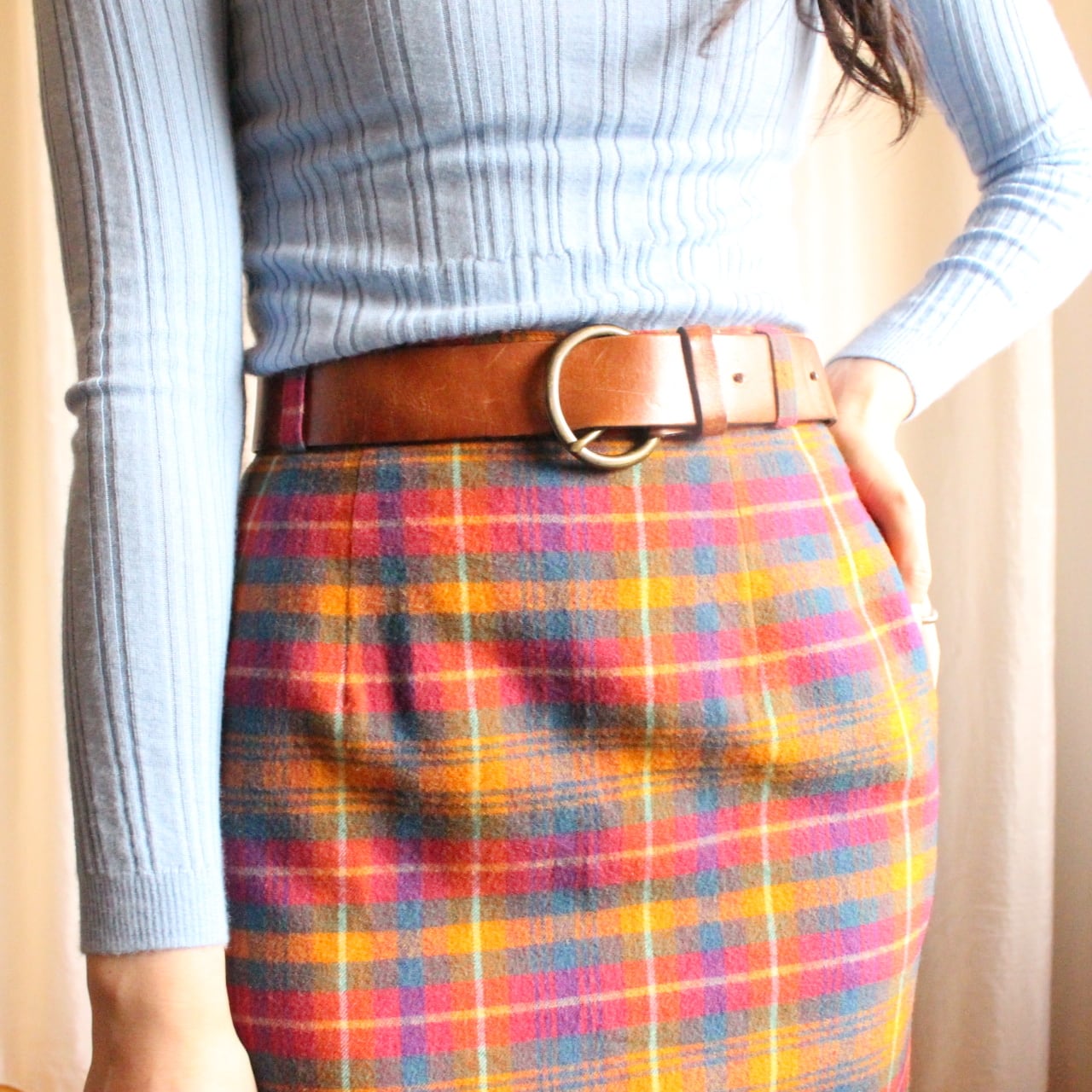 マドラスチェック タイトミニスカート オレンジ