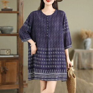 ETHNIC PRINT ROUND NECK 3/4 SLEEVES MINI WIDE SHIRT DRESS 1color M-16343
