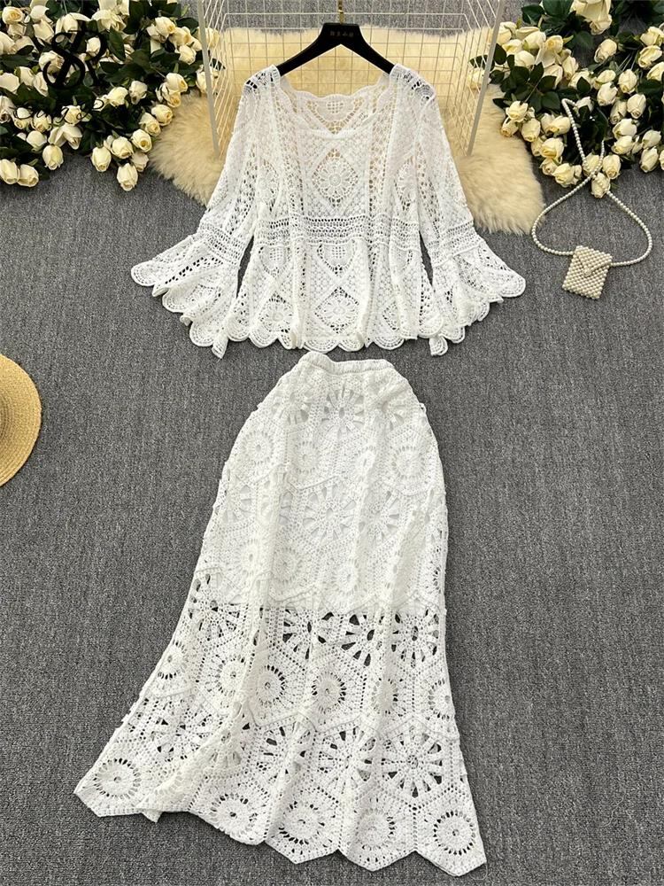 Sing補強-自由奔放に生きるニットの2ピースセット、中空アウト、フルノースリーブトップ、ハイウエストマーメイドロングスカート、休暇デザインスーツ_473