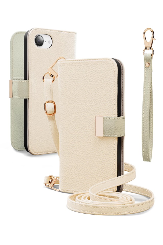 MINTY iPhone17e iPhone16e 用 ケース 手帳型 ショルダーストラップ バイカラー エクリュ×ピスタチオ