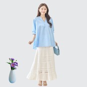 TRUBE  Vネックバックボタンチュニック【M~L】サックスブルー