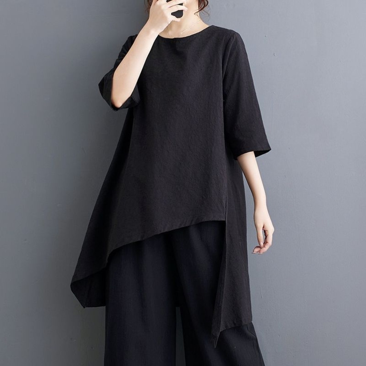 アシンメトリーヘム ラウンドネック トップス  30062