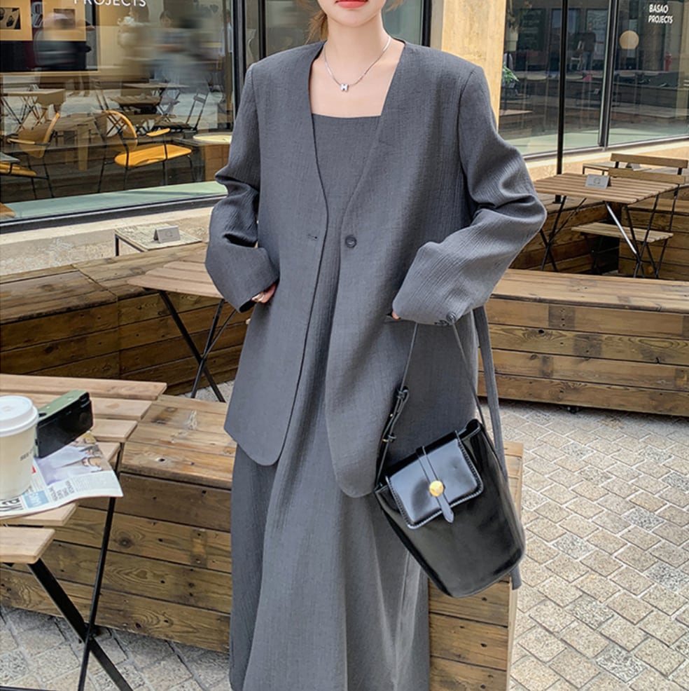 No-collar jacket & dress set S477