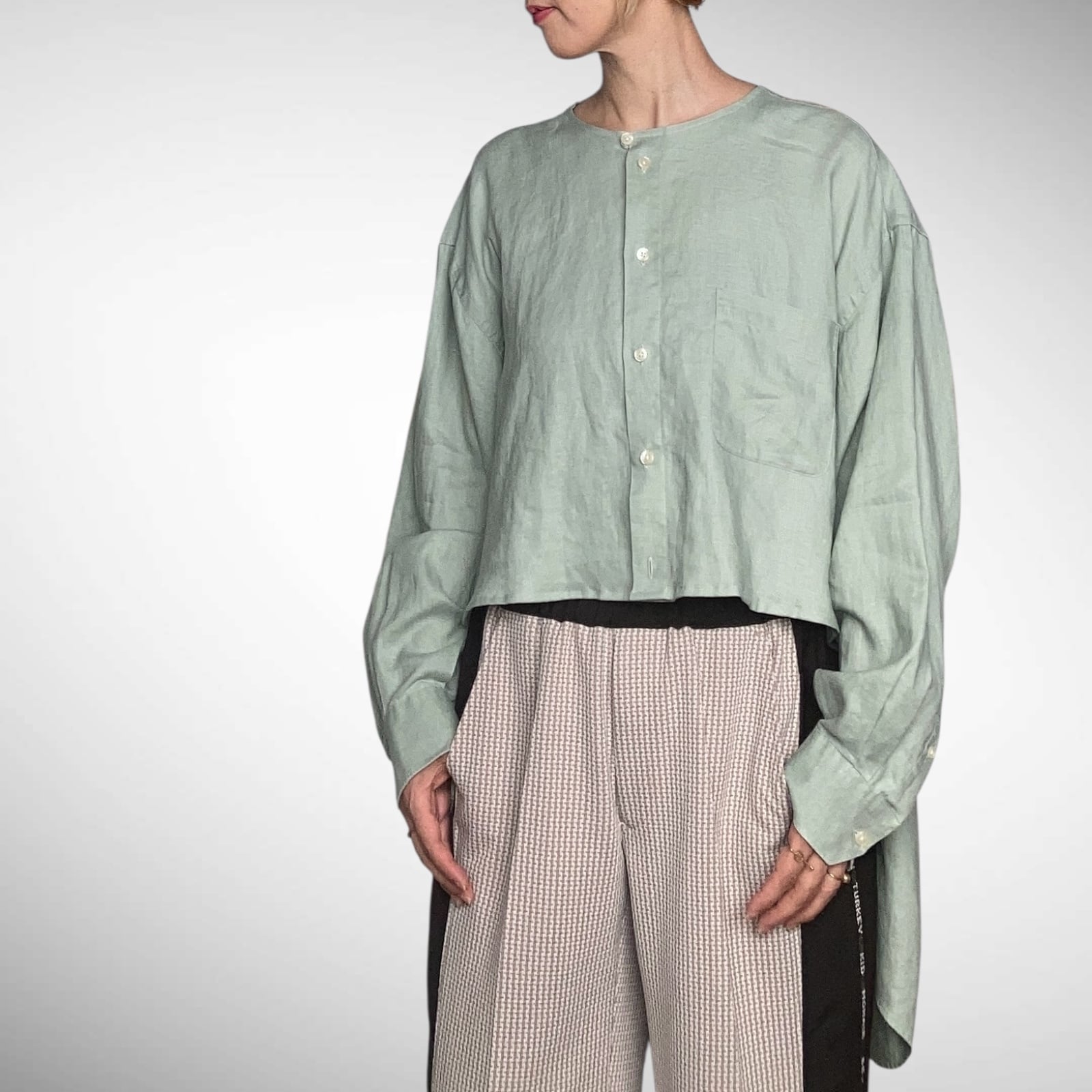 ZOZOTTE フロントショート丈 長袖シャツ/グリーン/リネン100%/古着リメイク/1点物