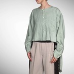 ZOZOTTE フロントショート丈 長袖シャツ/グリーン/リネン100%/古着リメイク/1点物