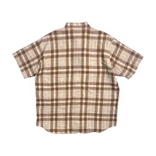 PAPAS パパス リネン100% チェック柄 BD 半袖シャツ L/ブラウン