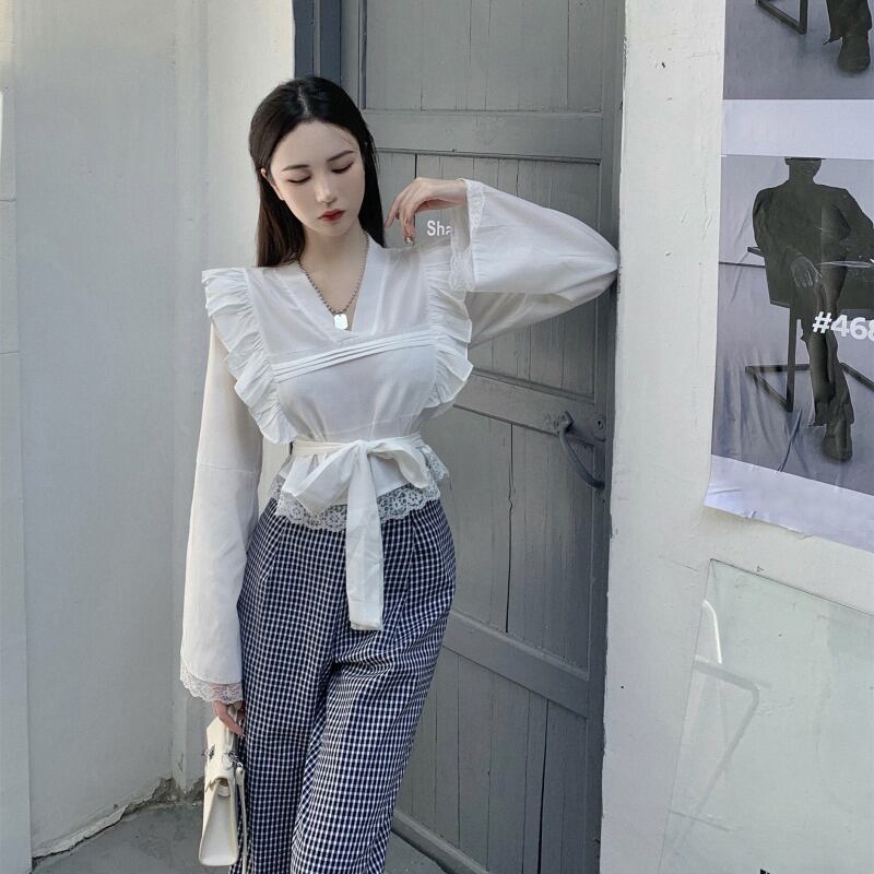 フリルVネックレースシフォンシャツレディース秋のデザインニッチシャツホワイト半袖トップス ブラックストロベリース89865375513