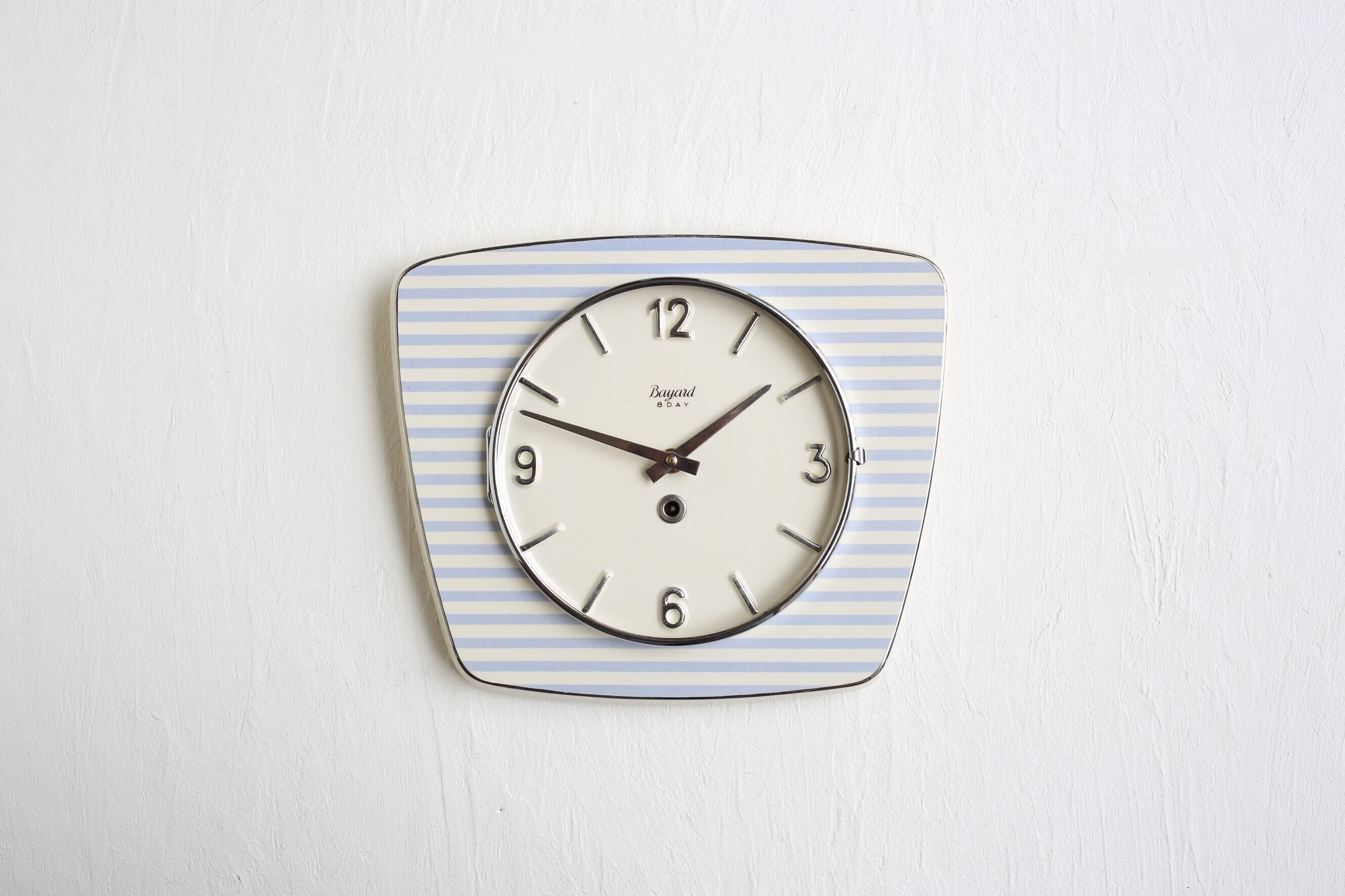 フランス アンティーク ヴィンテージ BAYARD 陶器製 掛時計 ボーダー柄 ガラスなし(単3電池式クォーツ交換済) N-04844