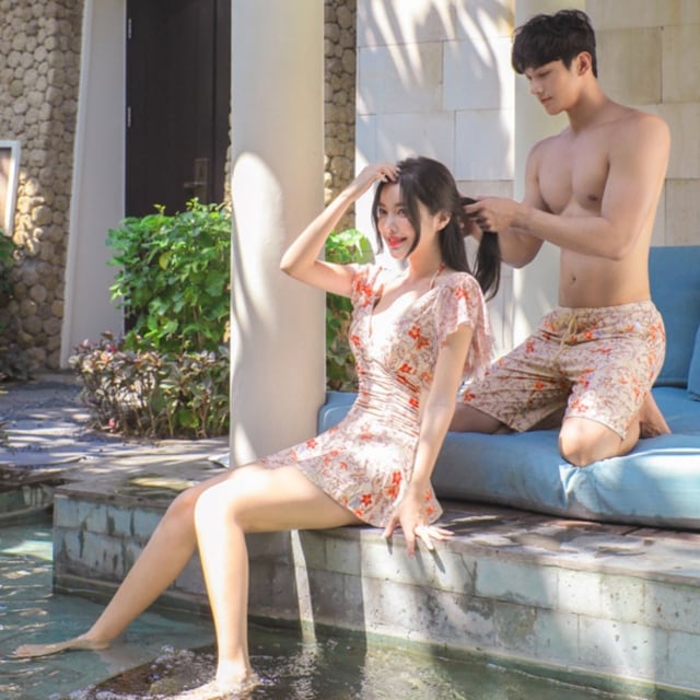 【予約販売】水着 カップル水着 2点セット ペアルック メンズ レディース ボタニカル柄 総柄 ワンピース水着 海水パンツ 海パン ペア サウナ 温泉 プール ペア水着 恋人 おそろい お揃い M/L/XL/2XL/3XL