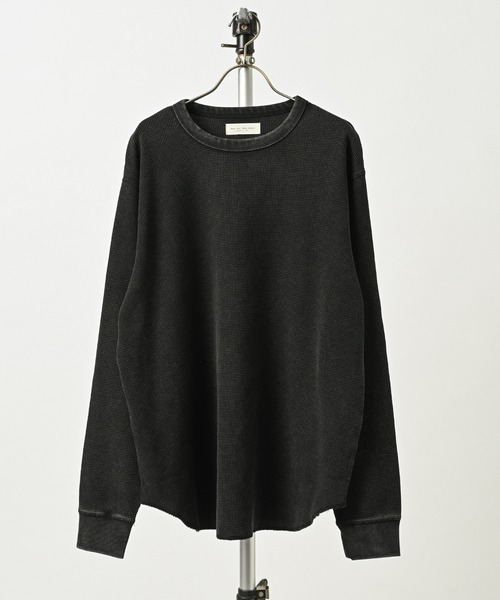 many men many mind Faded Processed Waffle-Knit Long-Sleeve Tee (BLK) M2624010