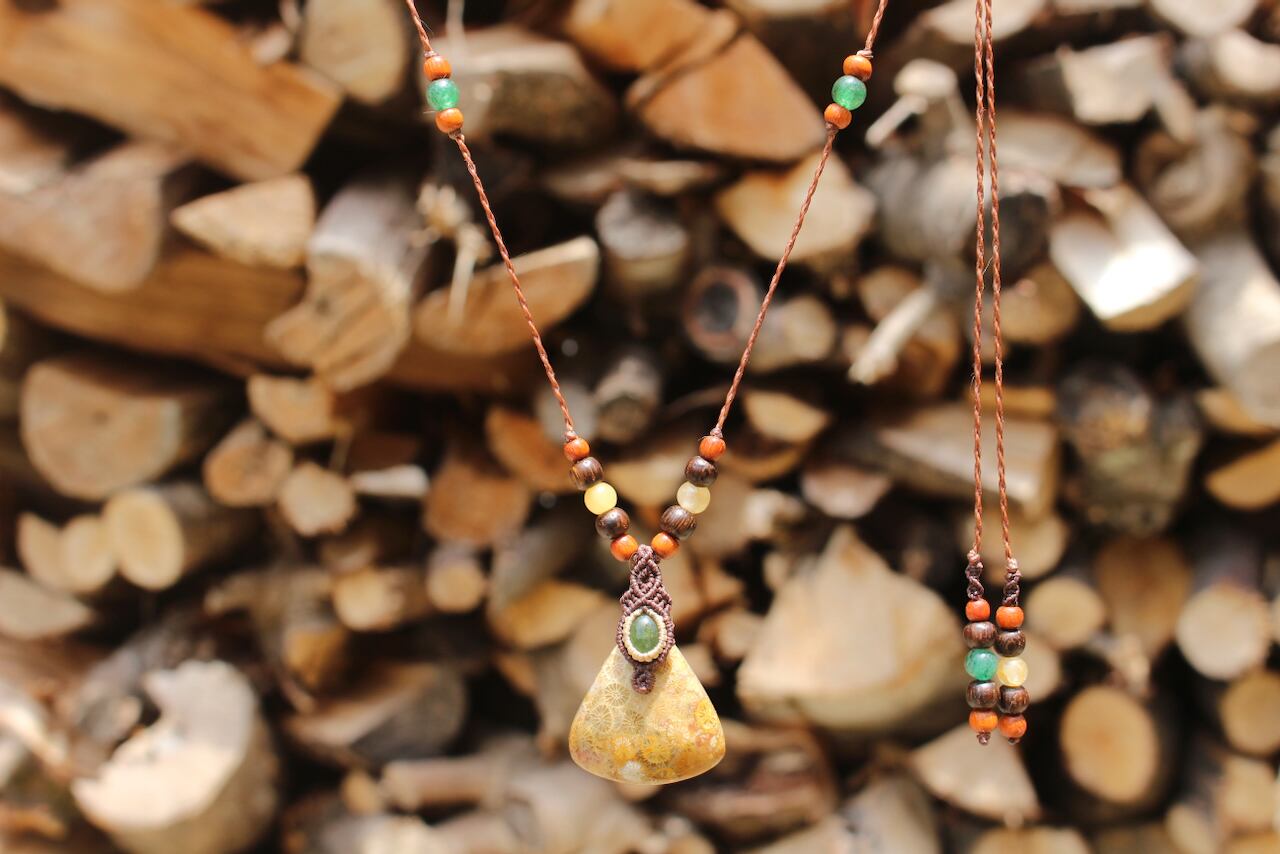 Fossil Coral & Green Tourmaline micro macrame woody pendant