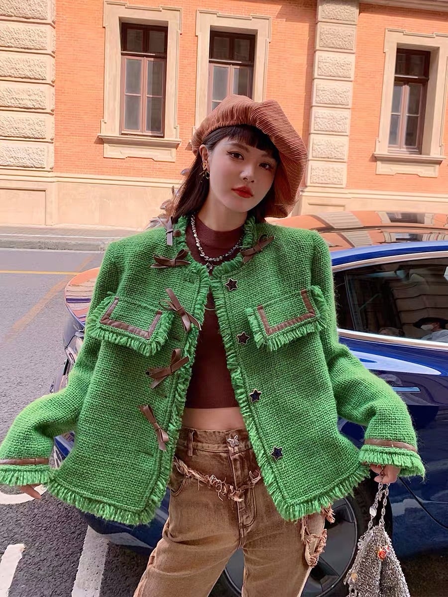 緑 チェック ツイード リボン 茶色 ジャケット アウター コート