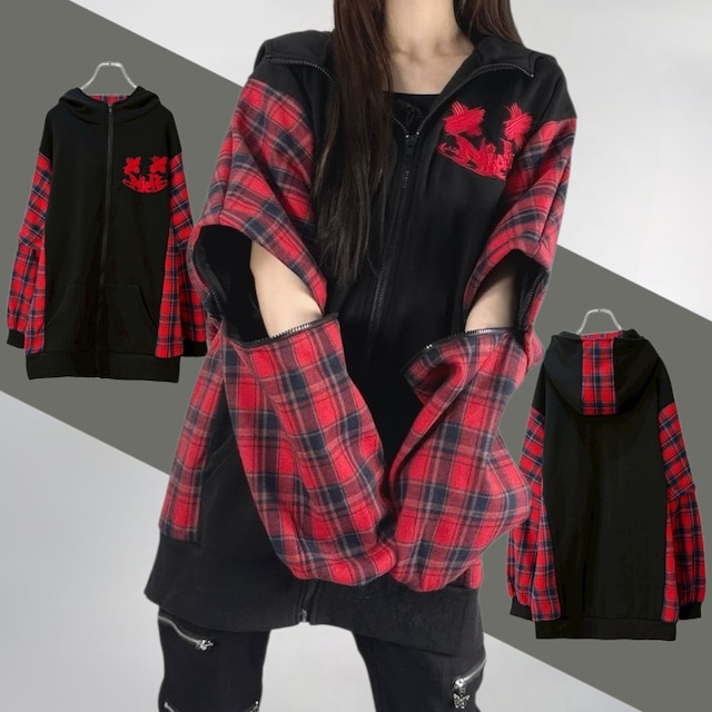 《2/5日目玉大特価55%OFF》ドルマン風内側フリースZIP OUTER【RED CHECK】