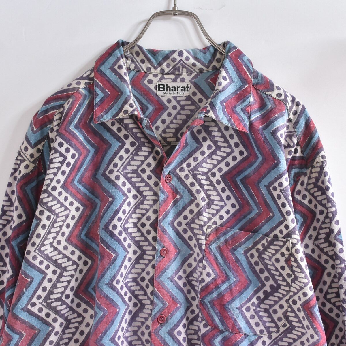 70~80s Bharat アフリカン バティック柄 ジグザグ模様 コットンシャツ ヴィンテージ 長袖シャツ ビンテージ エスニック メンズL相当