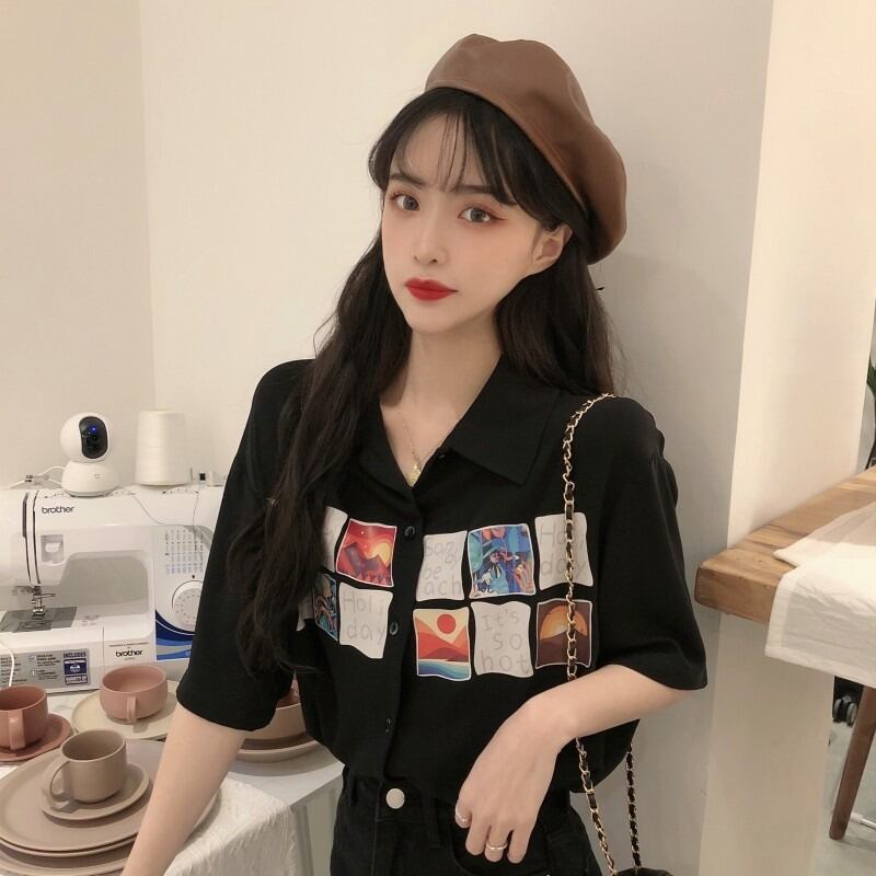 ブラックプリントシャツ2020年夏ウィメンズアウターウェアオールマッチスウィートトップセンスニッチハーフスリーブシャツ 1号婦人90539120941