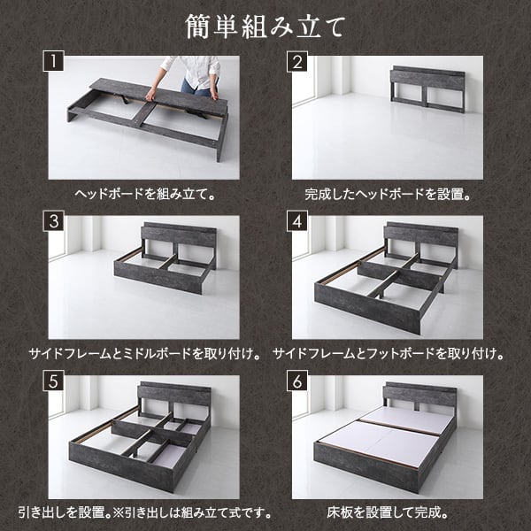 セミダブルベッド　フレームのみ　引き出し収納、コンセント付き　ストーングレー