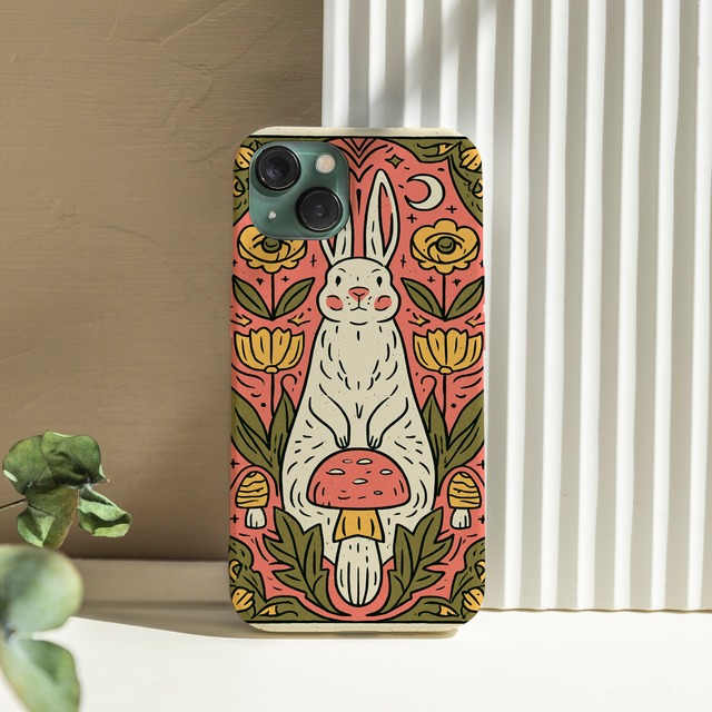 受注生産 iPhoneケース 白いフクロウときのこの民芸柄｜動物モチーフ PSYF038A
