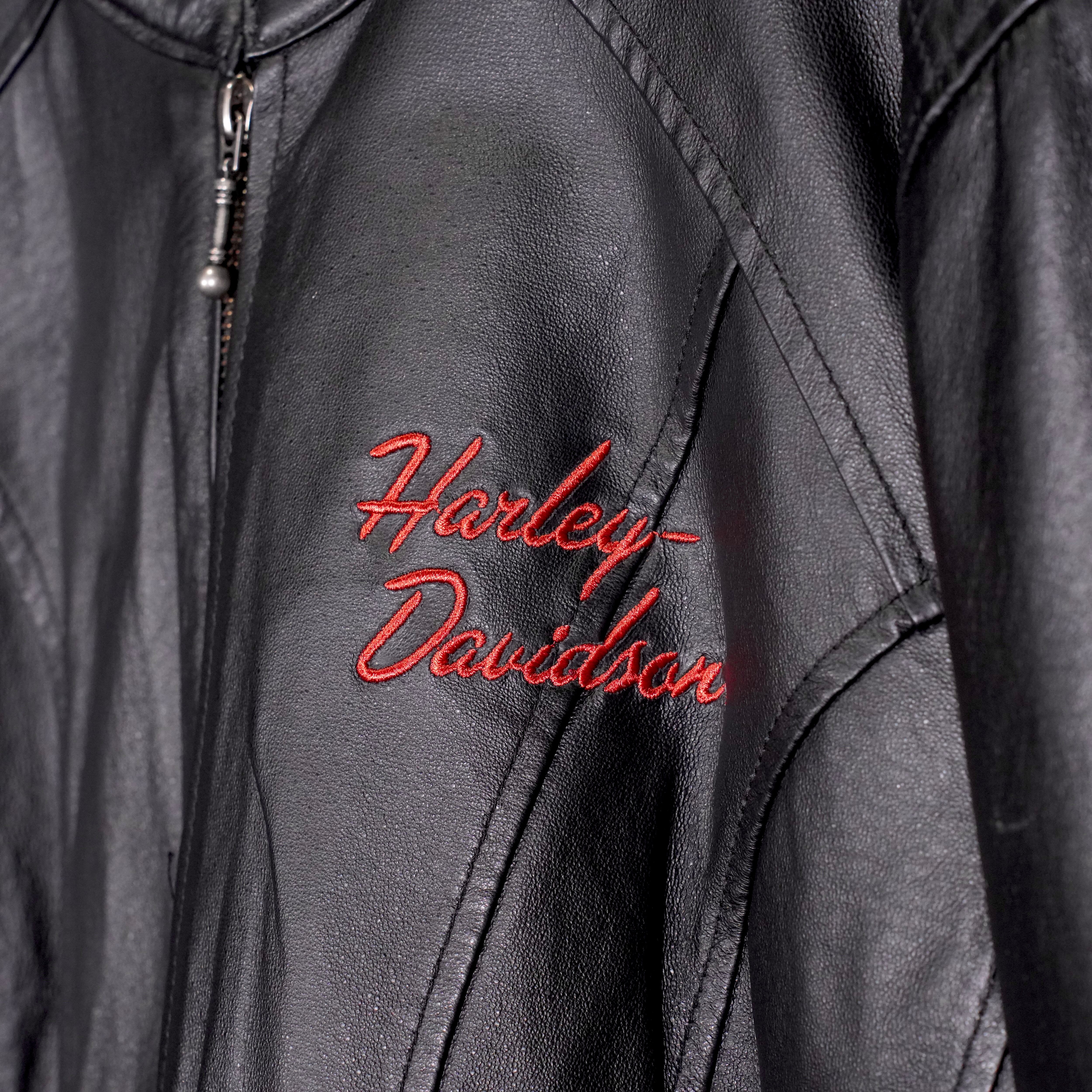 USA VINTAGE HARLEY DAVIDSON LOGO EMBROIDERY DESIGN ZIP UP LEATHER