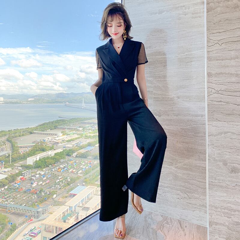 ブレストVネックメッシュスリーブウェスト薄手ソリッド カラージャンプスーツ オールインワン サマー 夏物 ソリッドカラー MIUCO90691939373