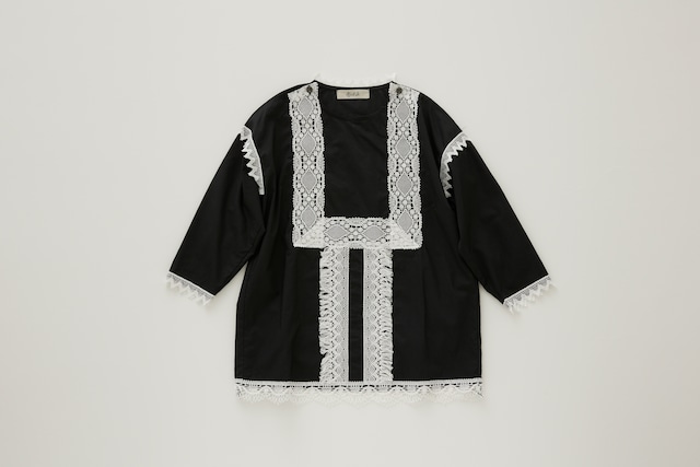 【24SS】elfinfolk (エルフィンフォルク)Cotton Typwriter Lace dress shirt black (110cm/125cm) シャツワンピース