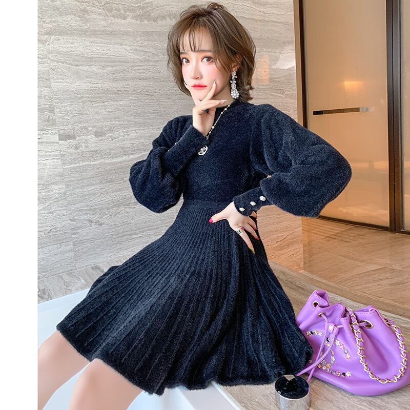 ラウンドネックウェストプリーツニットドレス ウィンター ランタンスリーブ 冬物 Oネック MIUCO51268823261