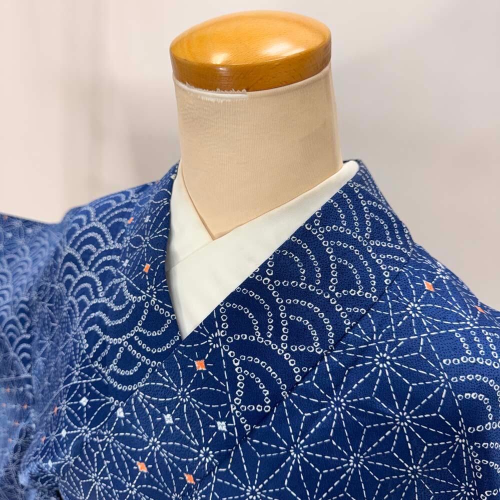 小紋 単衣 洗える着物 裄64.2cm 身丈156cm 青 花柄 お洒落着 普段着 ポリエステル 美品 M サイズ 5265