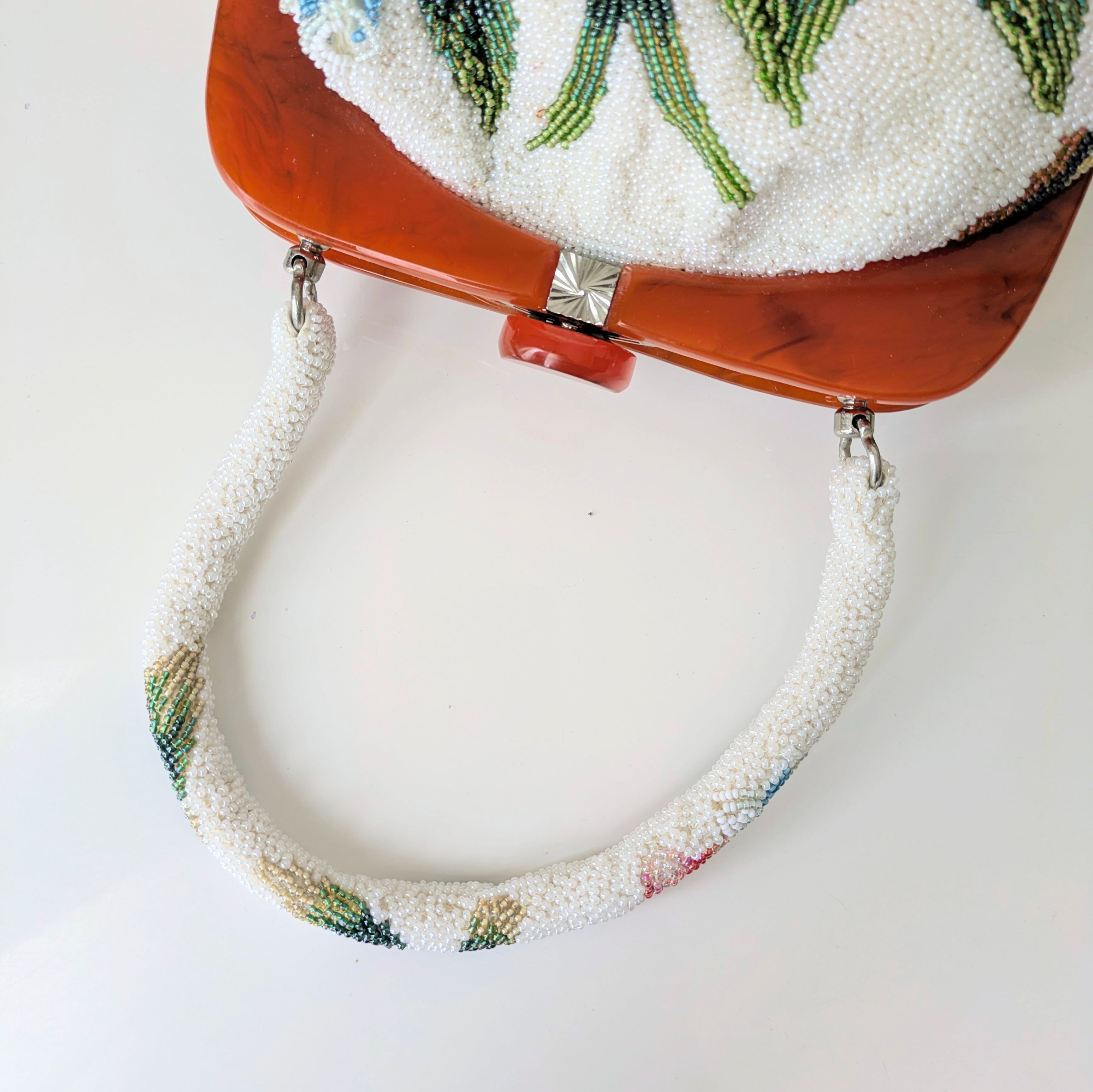 Vintage】ビーズ刺繍バッグ 白 花柄 べっ甲風 大き目サイズ パーティー