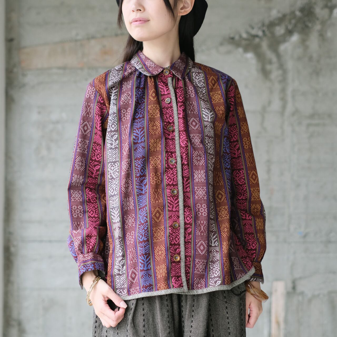 秋色ストライプ◎エスニック柄ボタンダウンシャツ (25w-04)マルーン