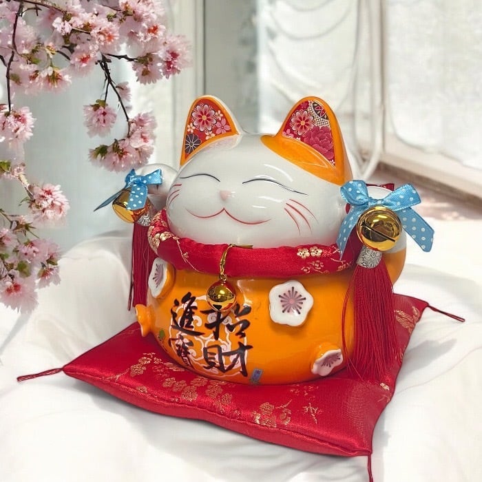招き猫 招財進宝 オレンジ 大願成就 招福 中 まねき猫 ねこ 金運 幸福