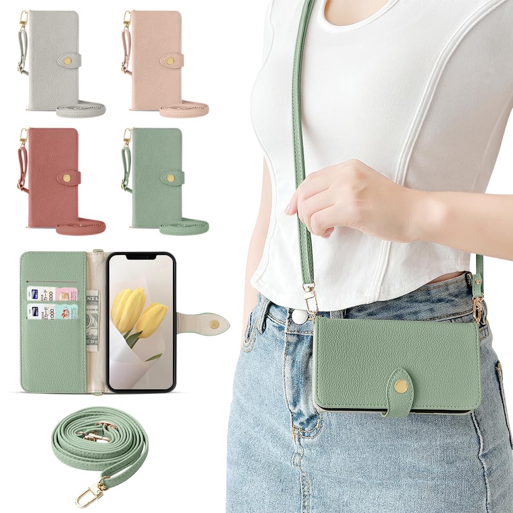 Kahper for いphone14 ケース 手帳型 おしゃれ 女性 ショルダー iPhone14ケース手帳型 可愛い アイフォン14 ケース 手帳型 首掛け おしゃれ アイホン14ケース手帳型 衝撃吸収 スマホケース iphone14 PUレザー 全面保護 擦り傷防止 防塵 落下防止 携帯ケース カード収納 大人 女性 上品 人気(6.1対応グリーン)