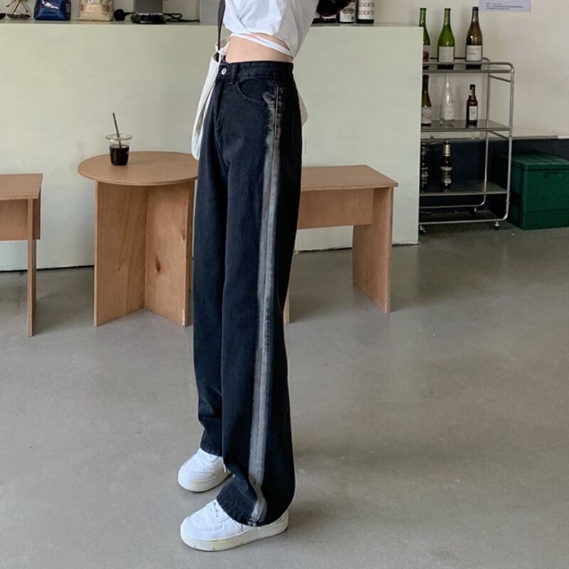 サイドブラックジーンズ オータムハイウェストウェストルーズワイドレッグパンツ 秋物 ワイドパンツ 萌量不足53028323541